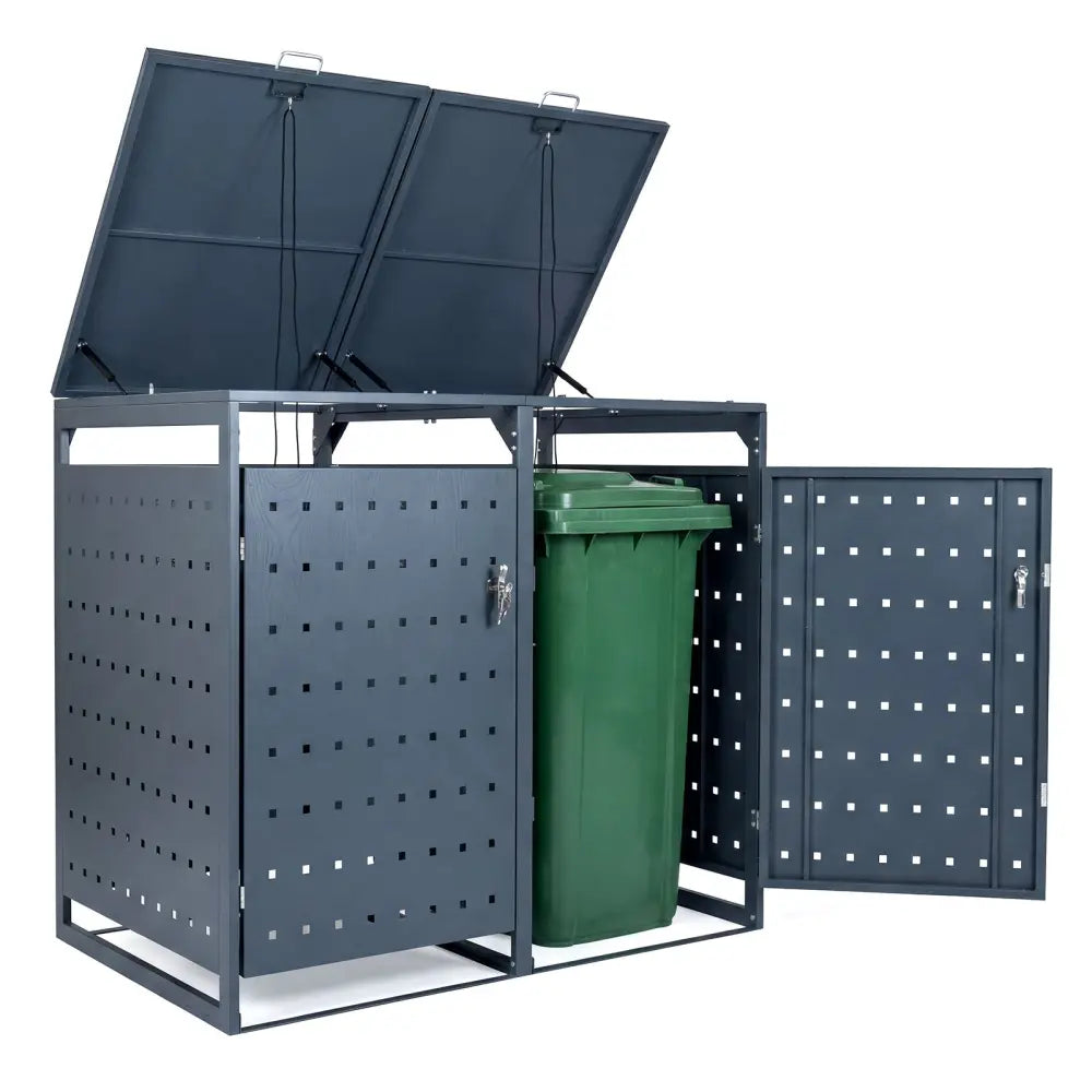 Outdoor Metal Garbage Bin Storage Shed for 2 Trash Cans Double Trash Can Enclosure-Gray - Gray - Sheds & Outdoor Storage