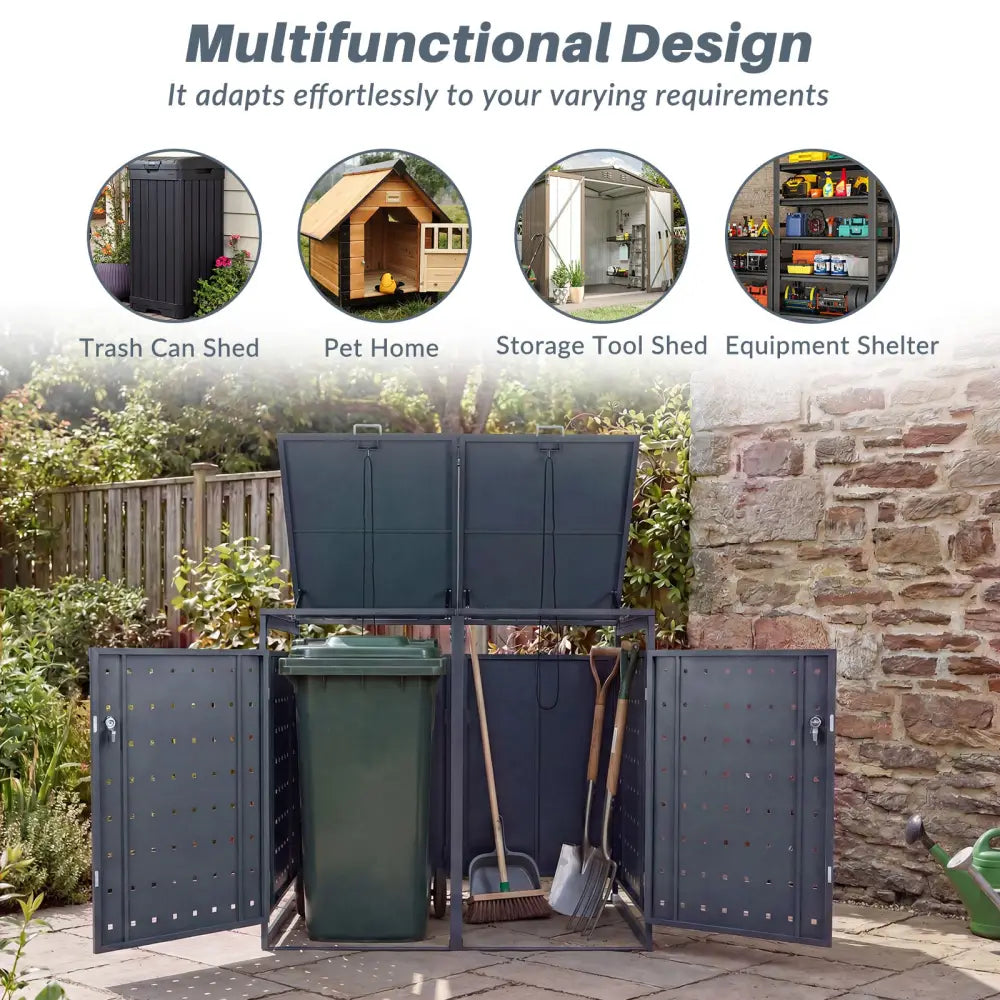 Outdoor Metal Garbage Bin Storage Shed for 2 Trash Cans Double Trash Can Enclosure-Gray - Gray - Sheds & Outdoor Storage
