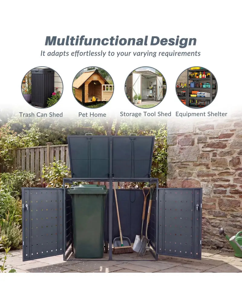 Outdoor Metal Garbage Bin Storage Shed for 2 Trash Cans Double Trash Can Enclosure-Gray - Gray - Sheds & Outdoor Storage