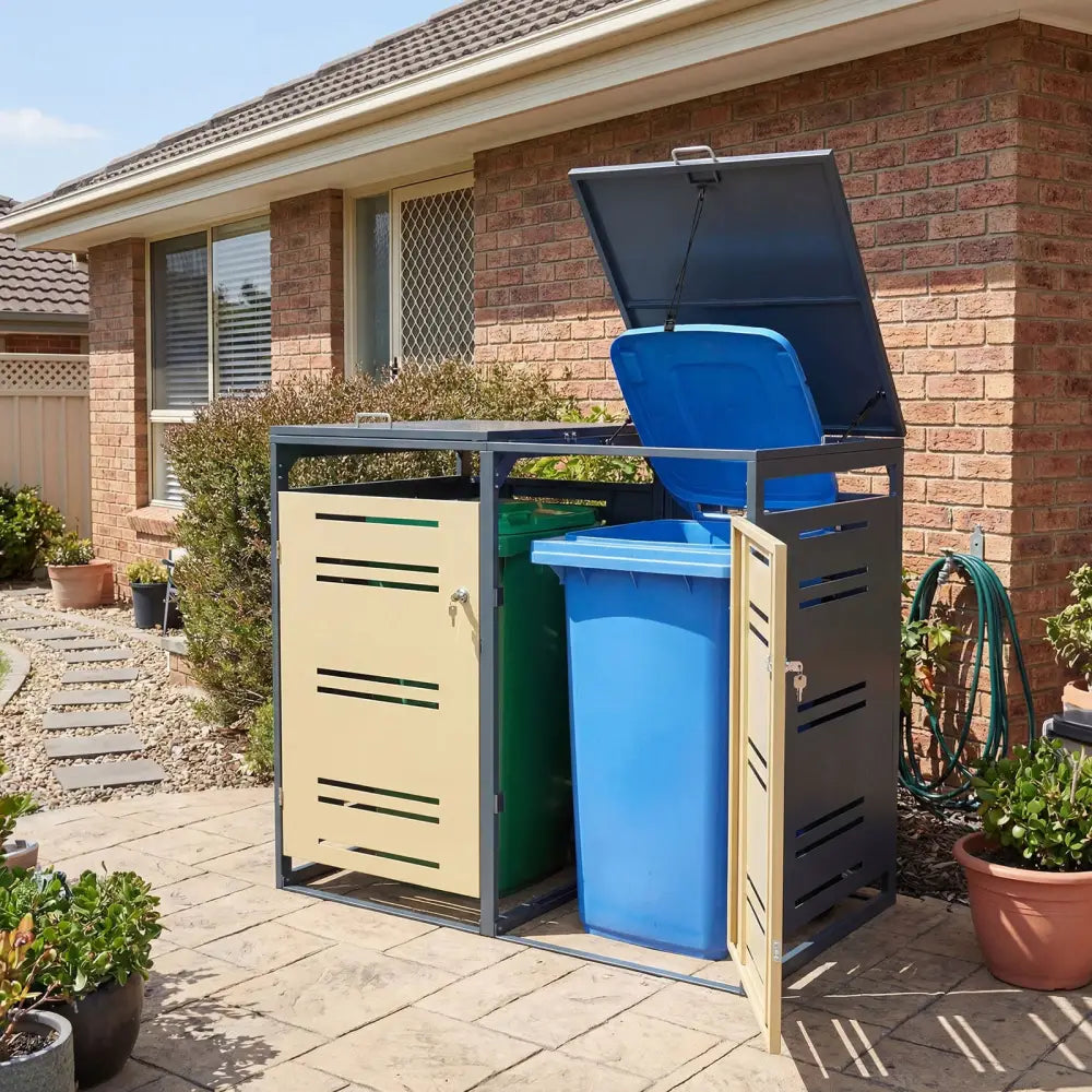 Outdoor Metal Garbage Bin Storage Shed for 2 Trash Cans-Yellow - Yellow - Sheds & Outdoor Storage