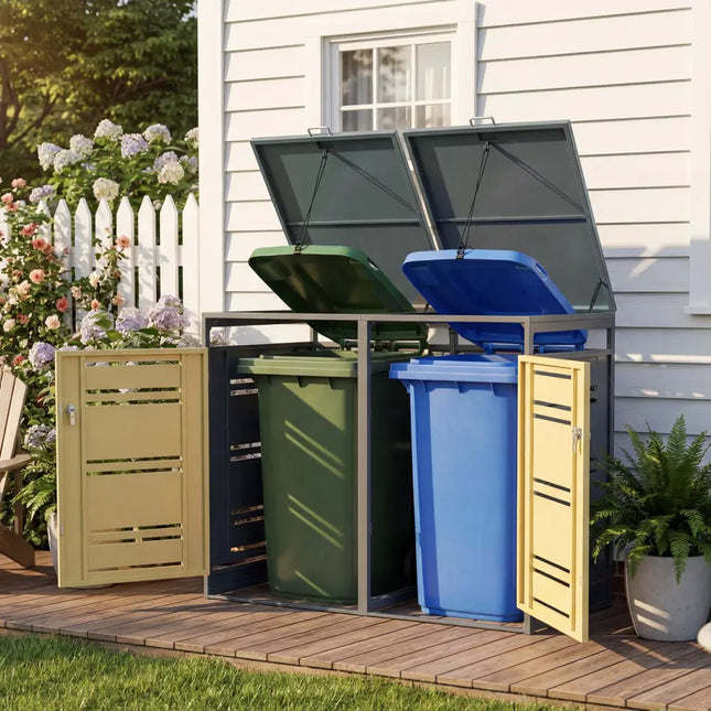 Outdoor Metal Garbage Bin Storage Shed for 2 Trash Cans-Yellow - Yellow - Sheds & Outdoor Storage