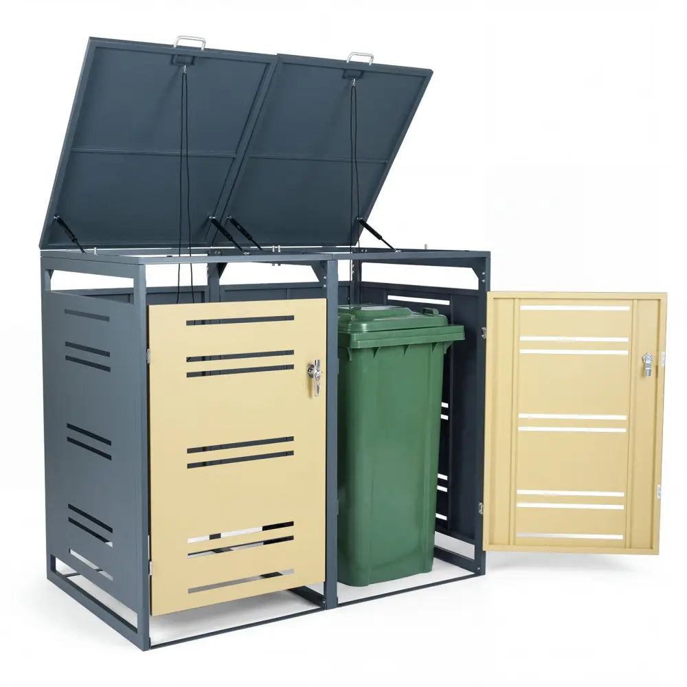 Outdoor Metal Garbage Bin Storage Shed for 2 Trash Cans-Yellow - Yellow - Sheds & Outdoor Storage