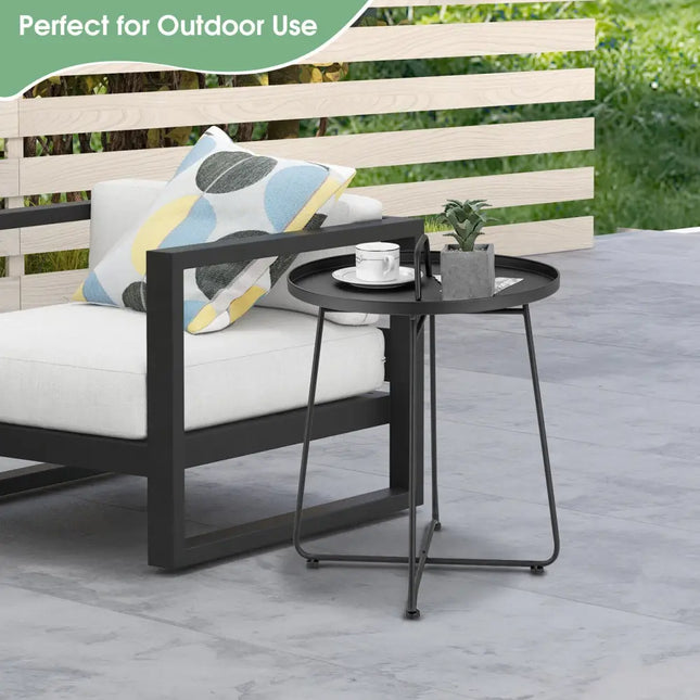 Outdoor Metal Patio End Side Table Weather Resistant with Handle - Black - Patio Coffee Tables