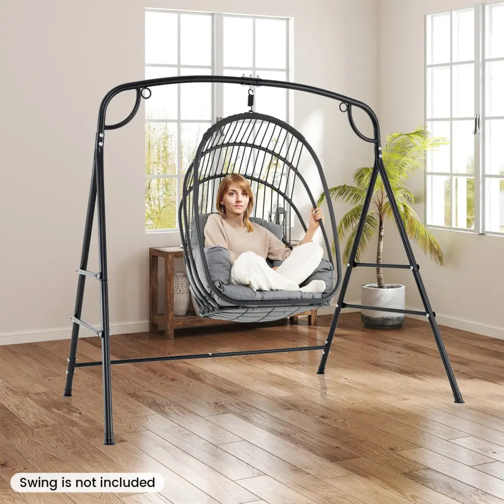 Outdoor Metal Swing Stand with 4 Support Bars and 2 Hanging Ways-Black - Black - Porch Swings