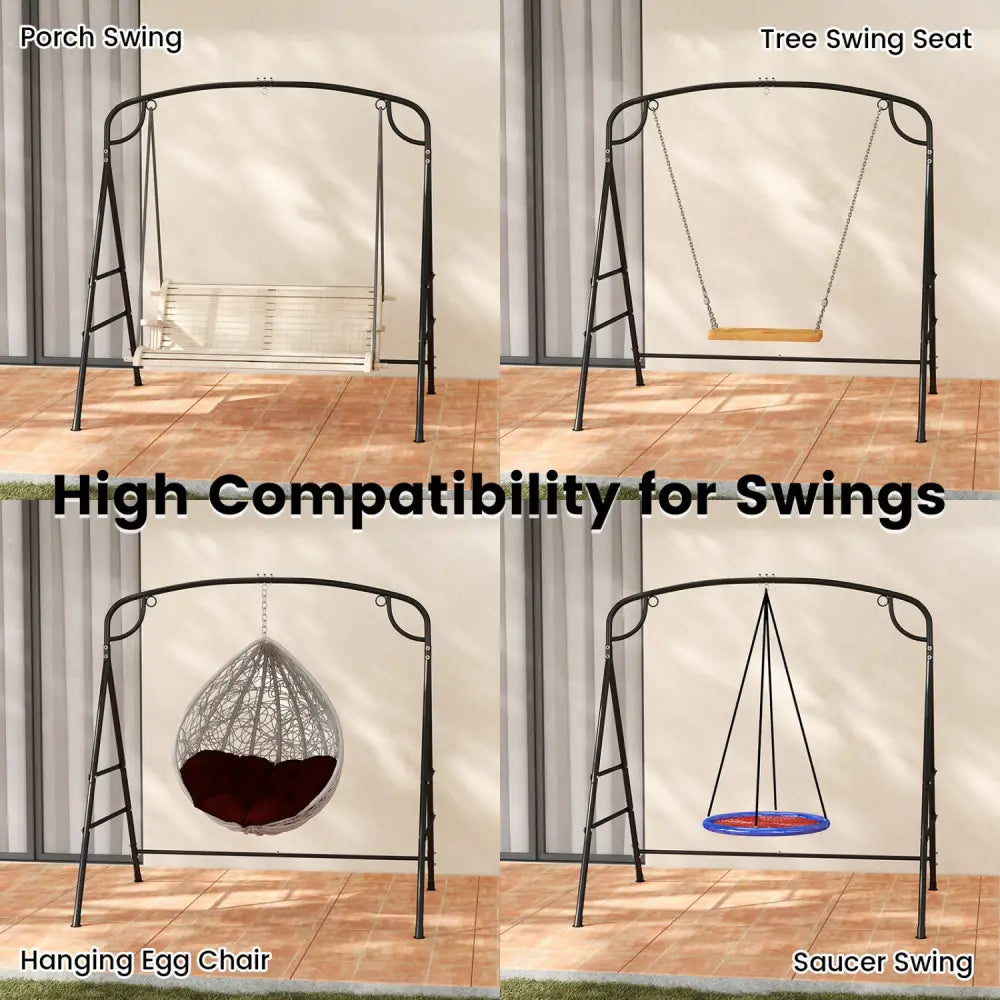 Outdoor Metal Swing Stand with 4 Support Bars and 2 Hanging Ways-Black - Black - Porch Swings