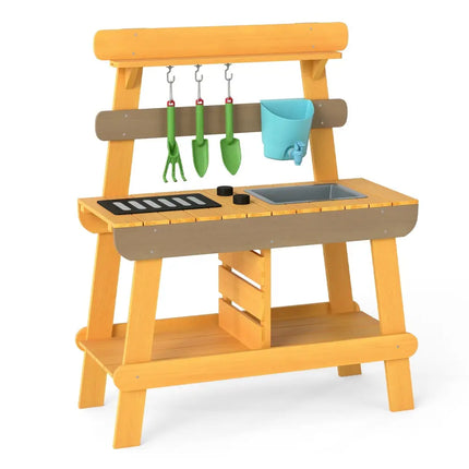 Outdoor Mud Kitchen for Kids Wooden Play Kitchen Toy for Boys Girls Aged 3 - 8 - Yellow - Oasis Home Essentials