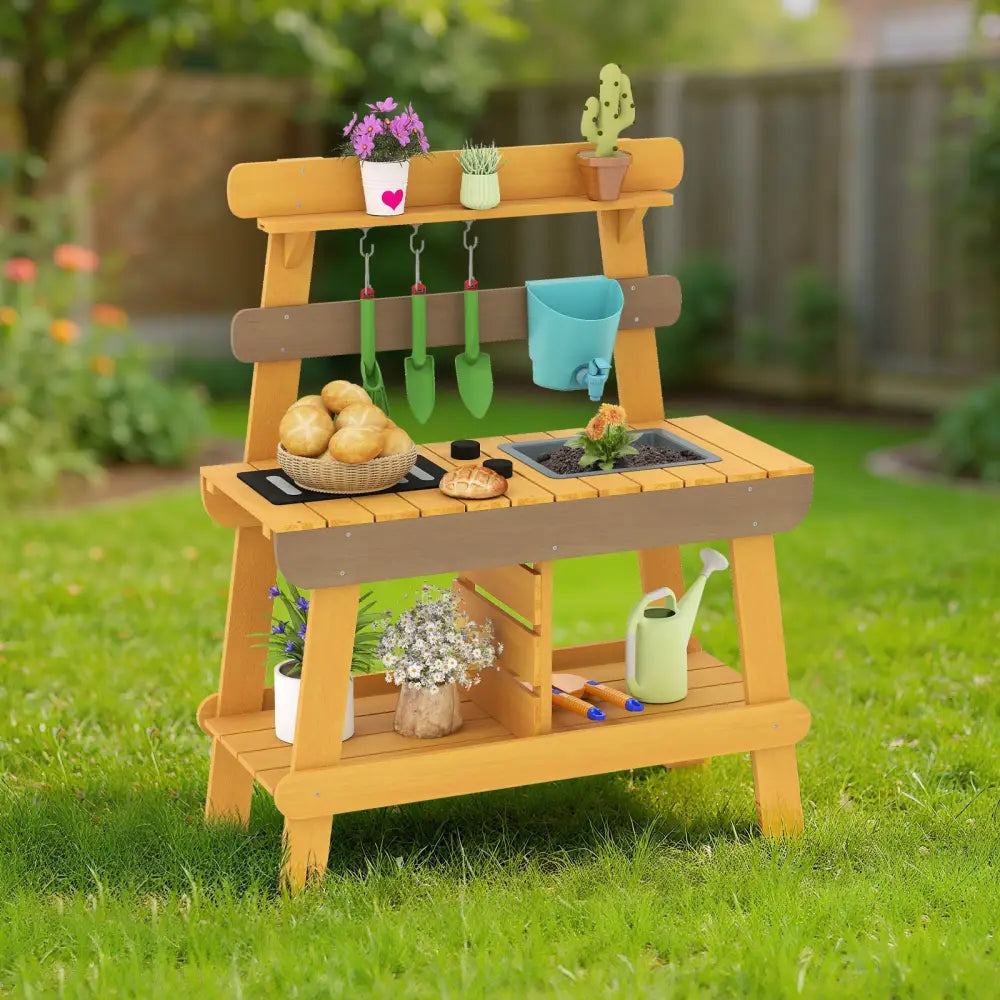 Outdoor Mud Kitchen for Kids Wooden Play Kitchen Toy for Boys Girls Aged 3-8-Yellow - Yellow - Play Kitchen Sets