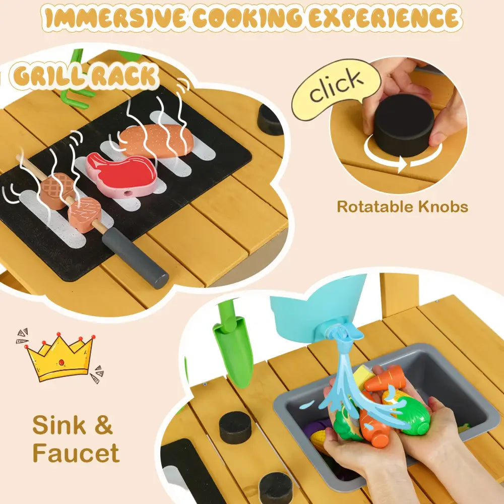 Outdoor Mud Kitchen for Kids Wooden Play Kitchen Toy for Boys Girls Aged 3-8-Yellow - Yellow - Play Kitchen Sets