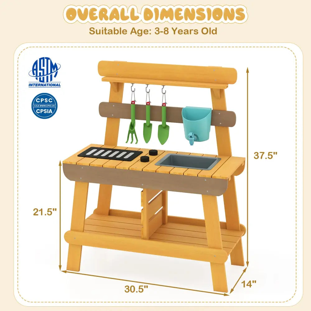 Outdoor Mud Kitchen for Kids Wooden Play Kitchen Toy for Boys Girls Aged 3-8-Yellow - Yellow - Play Kitchen Sets