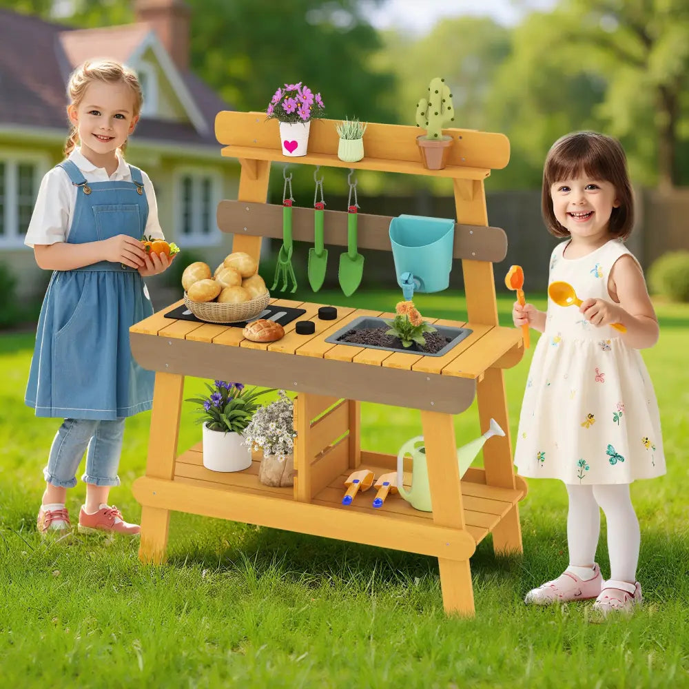 Outdoor Mud Kitchen for Kids Wooden Play Kitchen Toy for Boys Girls Aged 3-8-Yellow - Yellow - Play Kitchen Sets
