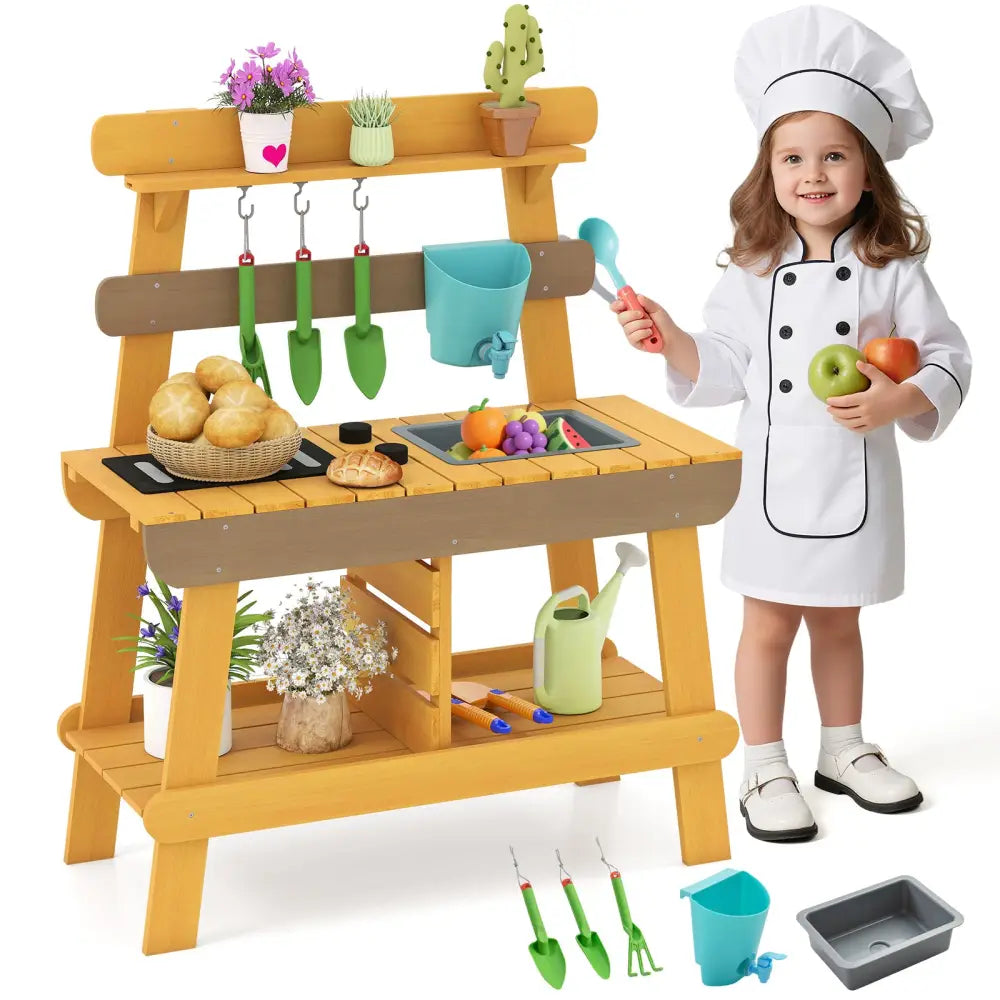 Outdoor Mud Kitchen for Kids Wooden Play Kitchen Toy for Boys Girls Aged 3-8-Yellow - Yellow - Play Kitchen Sets