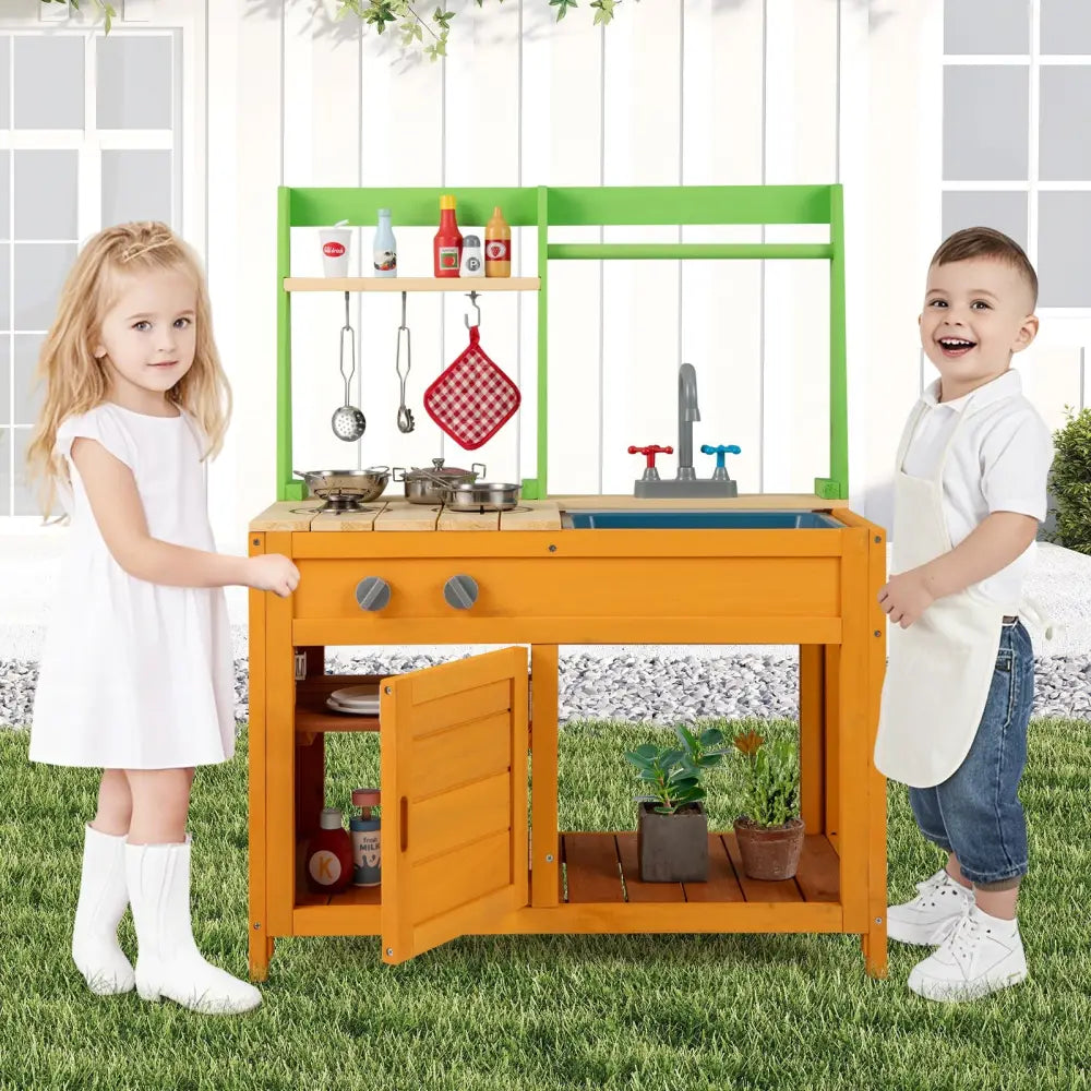 Outdoor Mud Kitchen Playset for Girls and Boys 3+ Years Old-Orange - Orange - Play Kitchen Sets