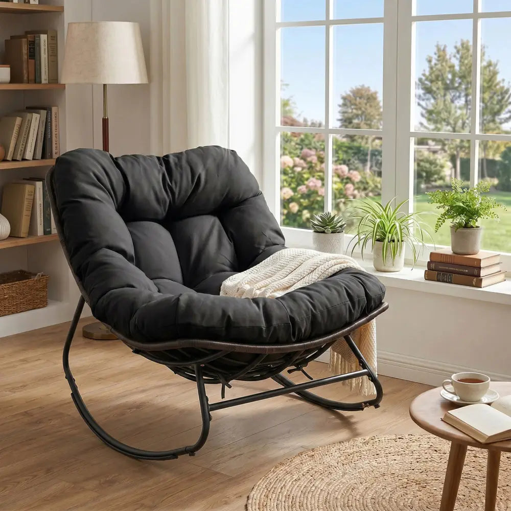 Outdoor Papasan Rocking Chair with Thick Cushion and Pads-Black - Black - Patio Rocking Chairs & Gliders