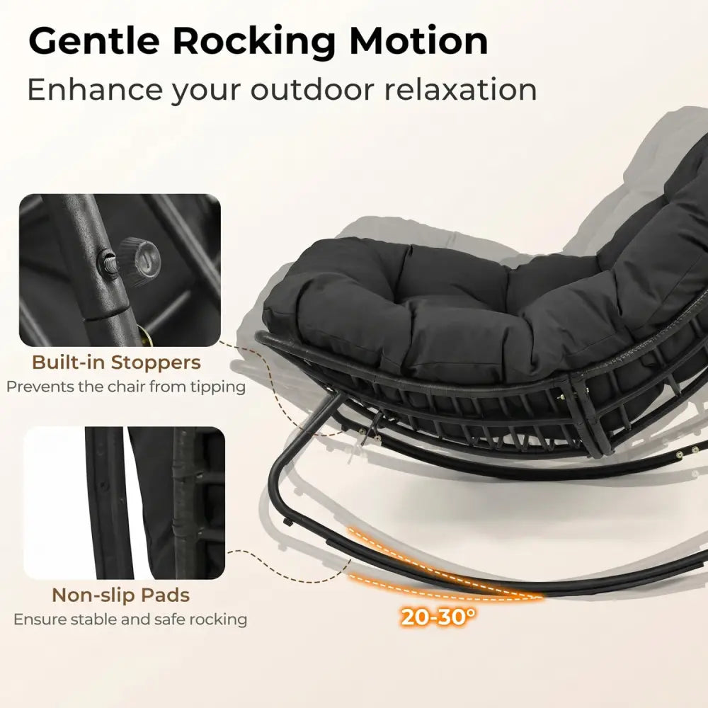 Outdoor Papasan Rocking Chair with Thick Cushion and Pads-Black - Black - Patio Rocking Chairs & Gliders