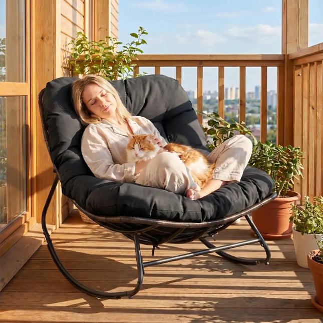 Outdoor Papasan Rocking Chair with Thick Cushion and Pads-Black - Black - Patio Rocking Chairs & Gliders