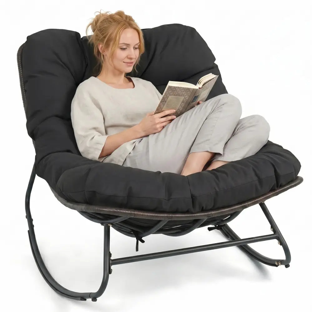 Outdoor Papasan Rocking Chair with Thick Cushion and Pads-Black - Black - Patio Rocking Chairs & Gliders