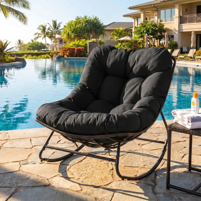 Outdoor Papasan Rocking Chair with Thick Cushion and Pads-Black - Black - Patio Rocking Chairs & Gliders