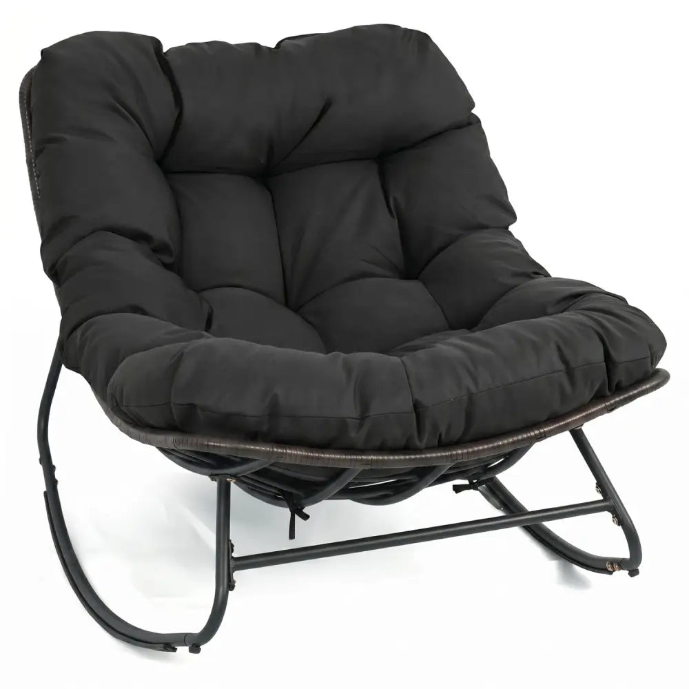 Outdoor Papasan Rocking Chair with Thick Cushion and Pads-Black - Black - Patio Rocking Chairs & Gliders