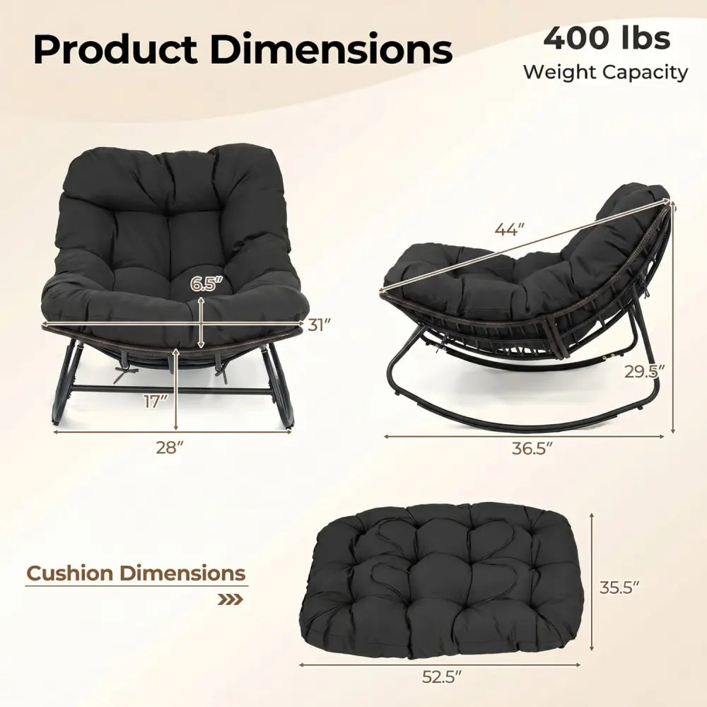 Outdoor Papasan Rocking Chair with Thick Cushion and Pads-Black - Black - Patio Rocking Chairs & Gliders