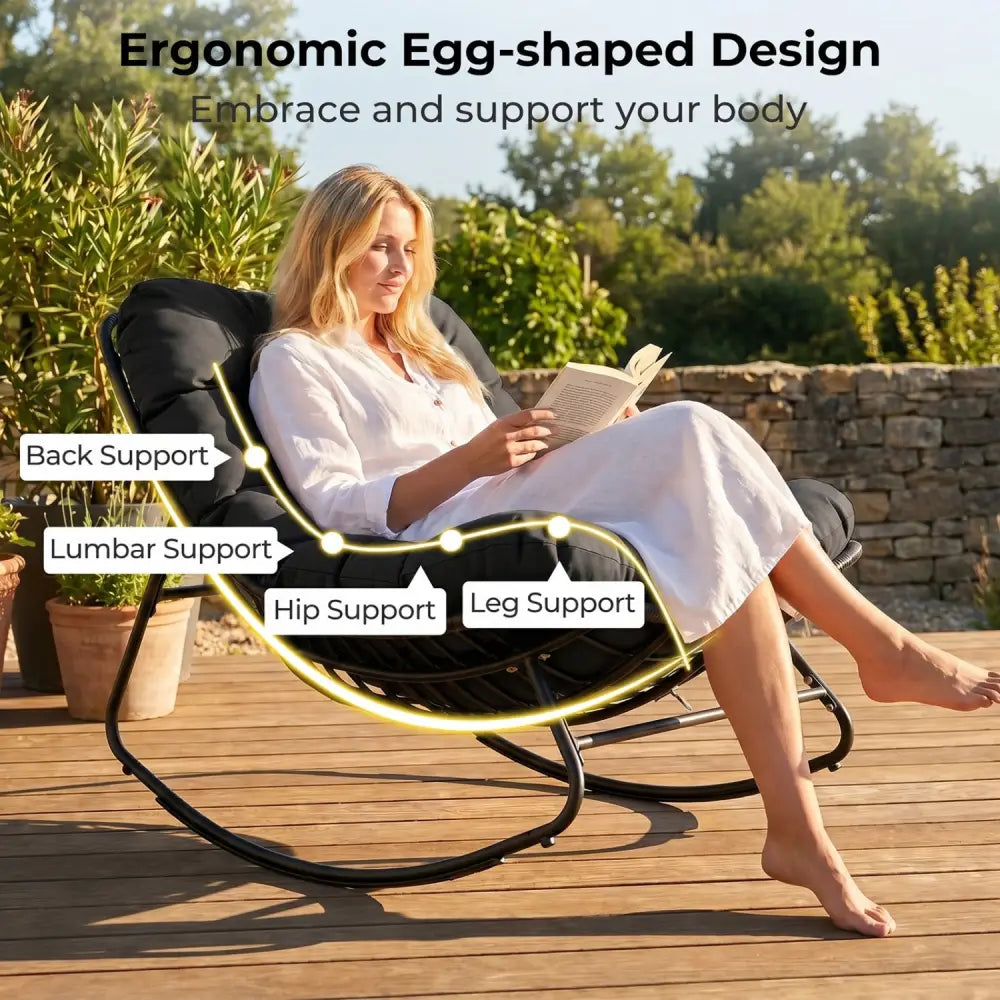 Outdoor Papasan Rocking Chair with Thick Cushion and Pads-Black - Black - Patio Rocking Chairs & Gliders