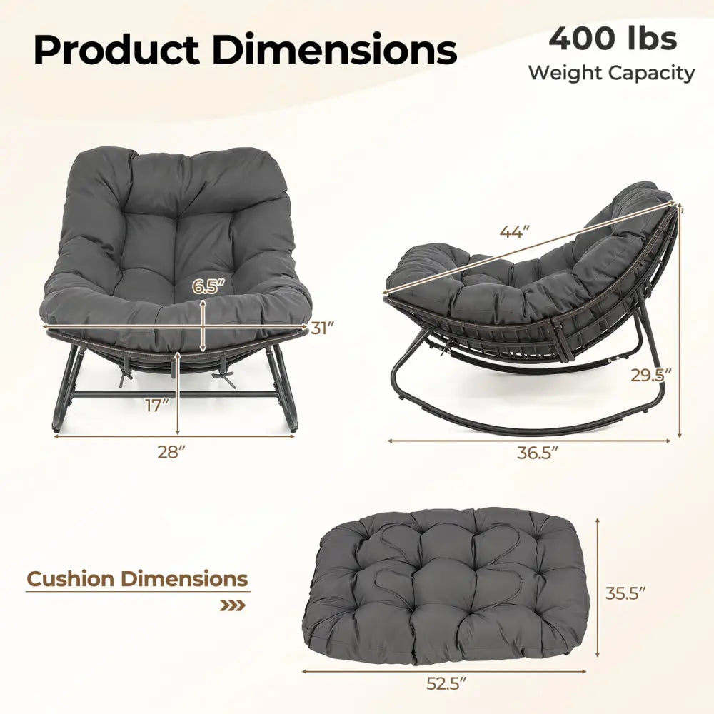 Outdoor Papasan Rocking Chair with Thick Cushion and Pads-Gray - Gray - Patio Rocking Chairs & Gliders