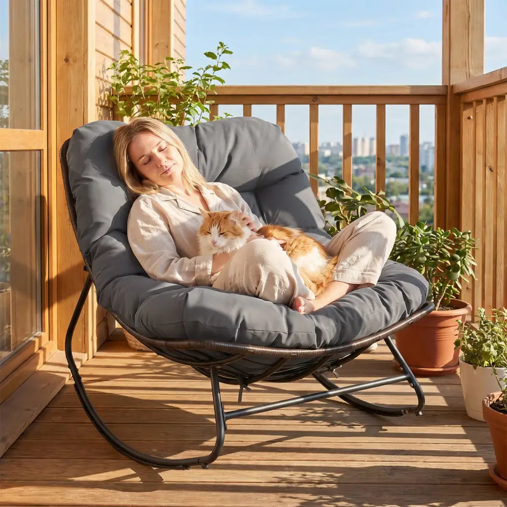 Outdoor Papasan Rocking Chair with Thick Cushion and Pads-Gray - Gray - Patio Rocking Chairs & Gliders