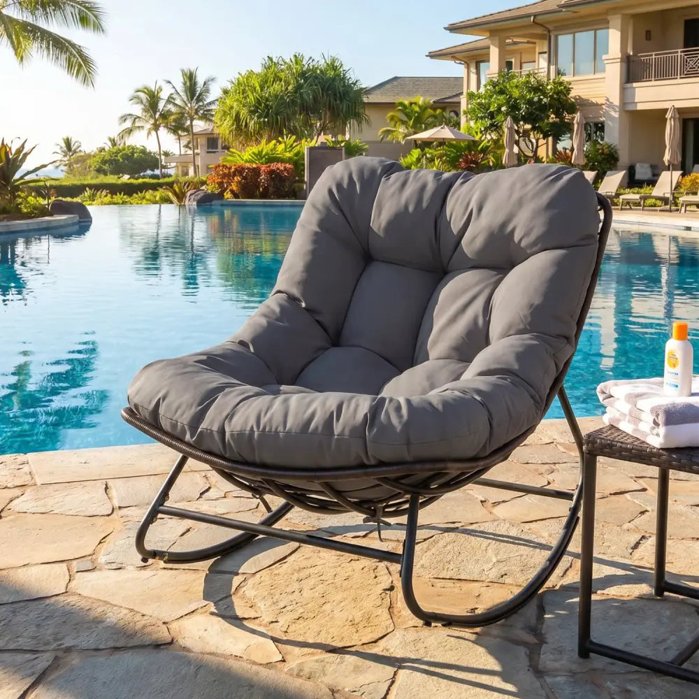 Outdoor Papasan Rocking Chair with Thick Cushion and Pads-Gray - Gray - Patio Rocking Chairs & Gliders