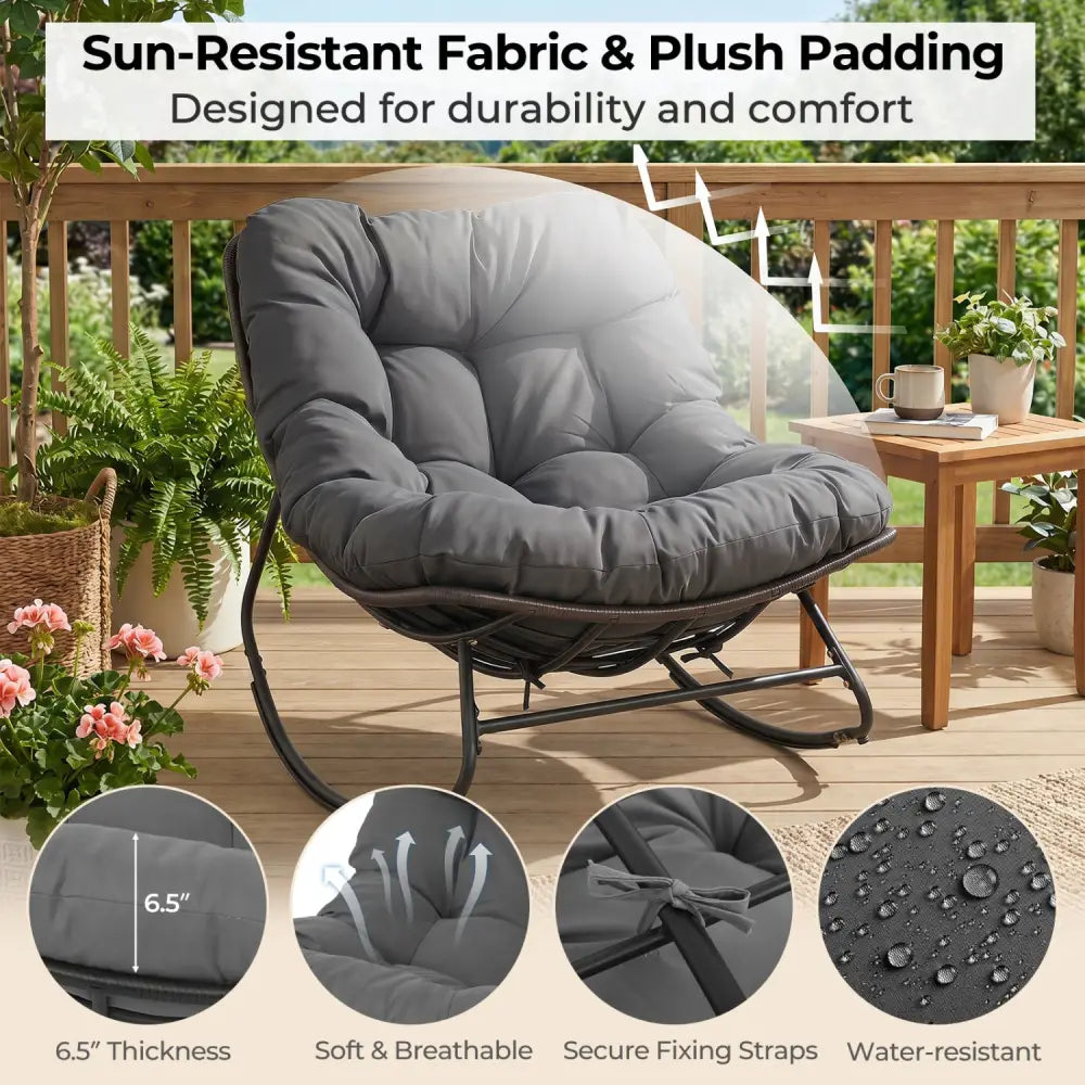 Outdoor Papasan Rocking Chair with Thick Cushion and Pads-Gray - Gray - Patio Rocking Chairs & Gliders