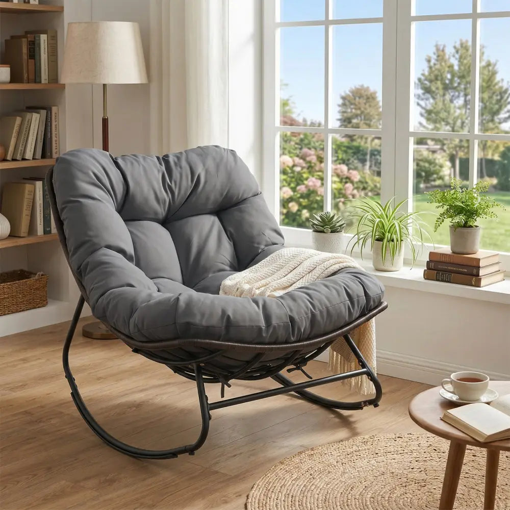Outdoor Papasan Rocking Chair with Thick Cushion and Pads-Gray - Gray - Patio Rocking Chairs & Gliders