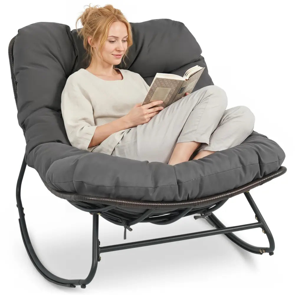 Outdoor Papasan Rocking Chair with Thick Cushion and Pads-Gray - Gray - Patio Rocking Chairs & Gliders