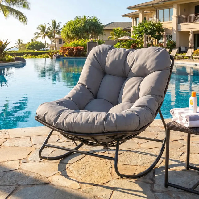 Outdoor Papasan Rocking Chair with Thick Cushion and Pads-Gray - Gray - Patio Rocking Chairs & Gliders