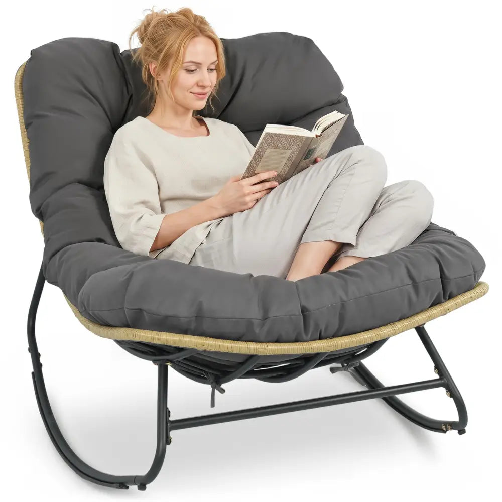Outdoor Papasan Rocking Chair with Thick Cushioned Seat for Patio-Gray - Gray - Patio Rocking Chairs & Gliders