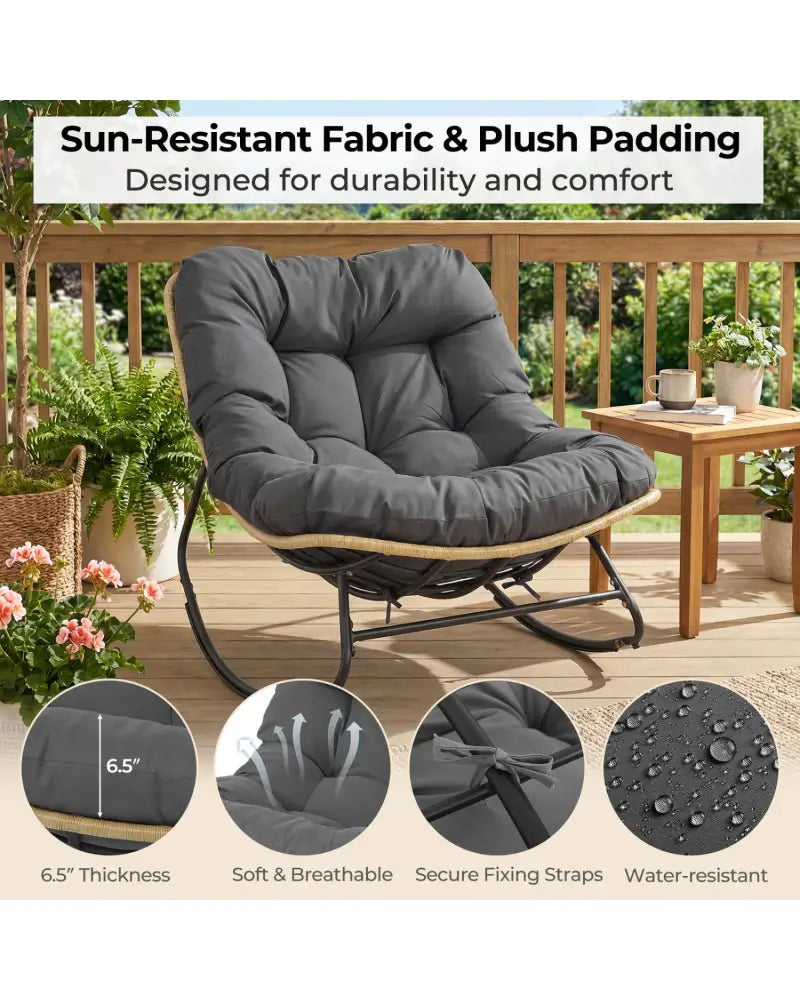 Outdoor Papasan Rocking Chair with Thick Cushioned Seat for Patio-Gray - Gray - Patio Rocking Chairs & Gliders