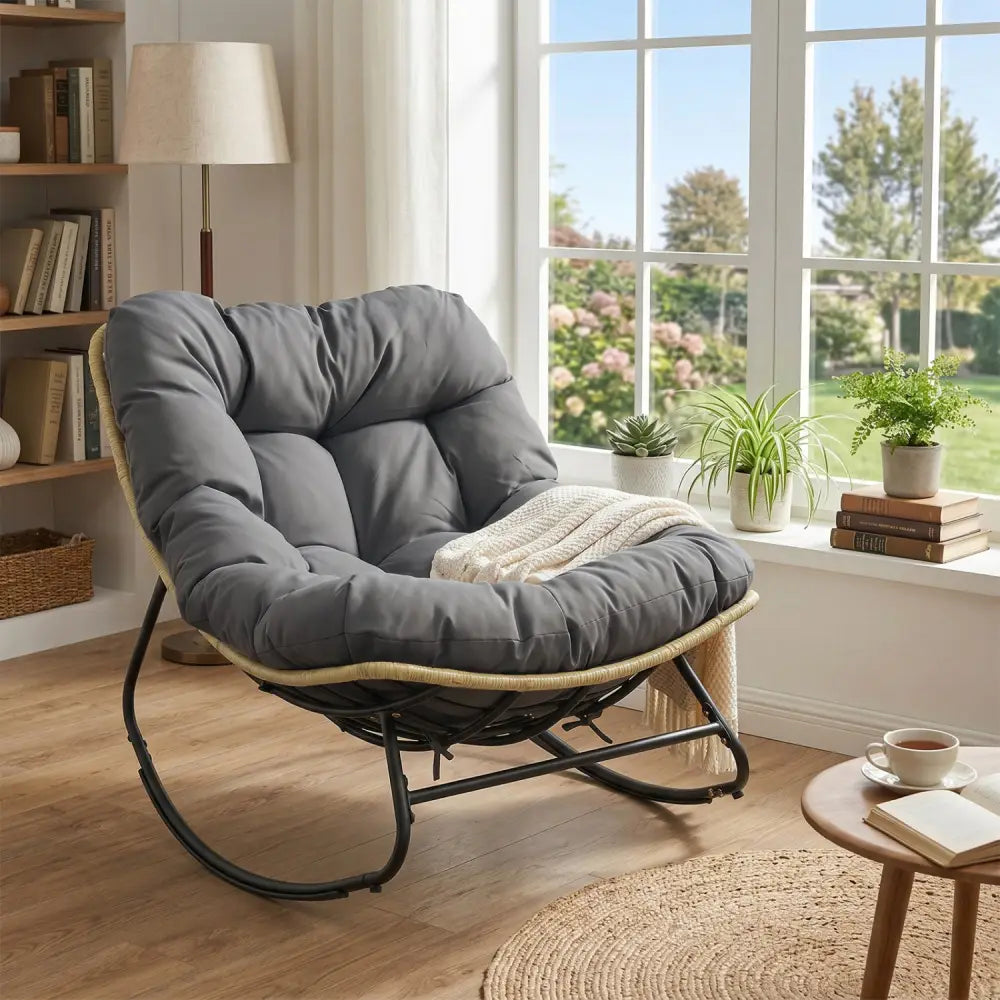 Outdoor Papasan Rocking Chair with Thick Cushioned Seat for Patio-Gray - Gray - Patio Rocking Chairs & Gliders