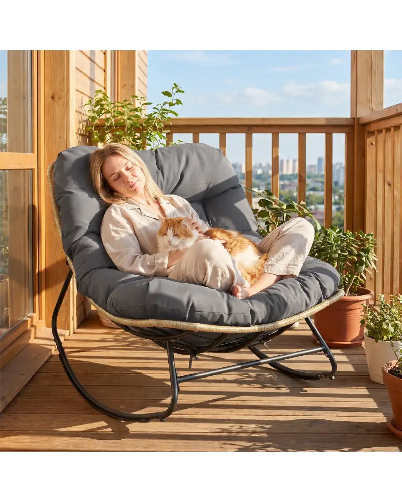 Outdoor Papasan Rocking Chair with Thick Cushioned Seat for Patio-Gray - Gray - Patio Rocking Chairs & Gliders