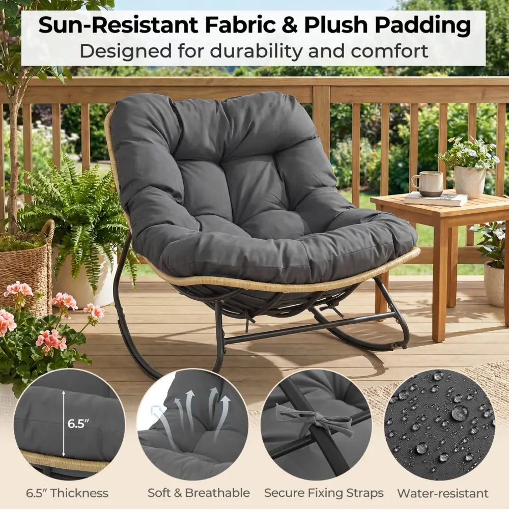 Outdoor Papasan Rocking Chair with Thick Cushioned Seat for Patio-Gray - Gray - Patio Rocking Chairs & Gliders