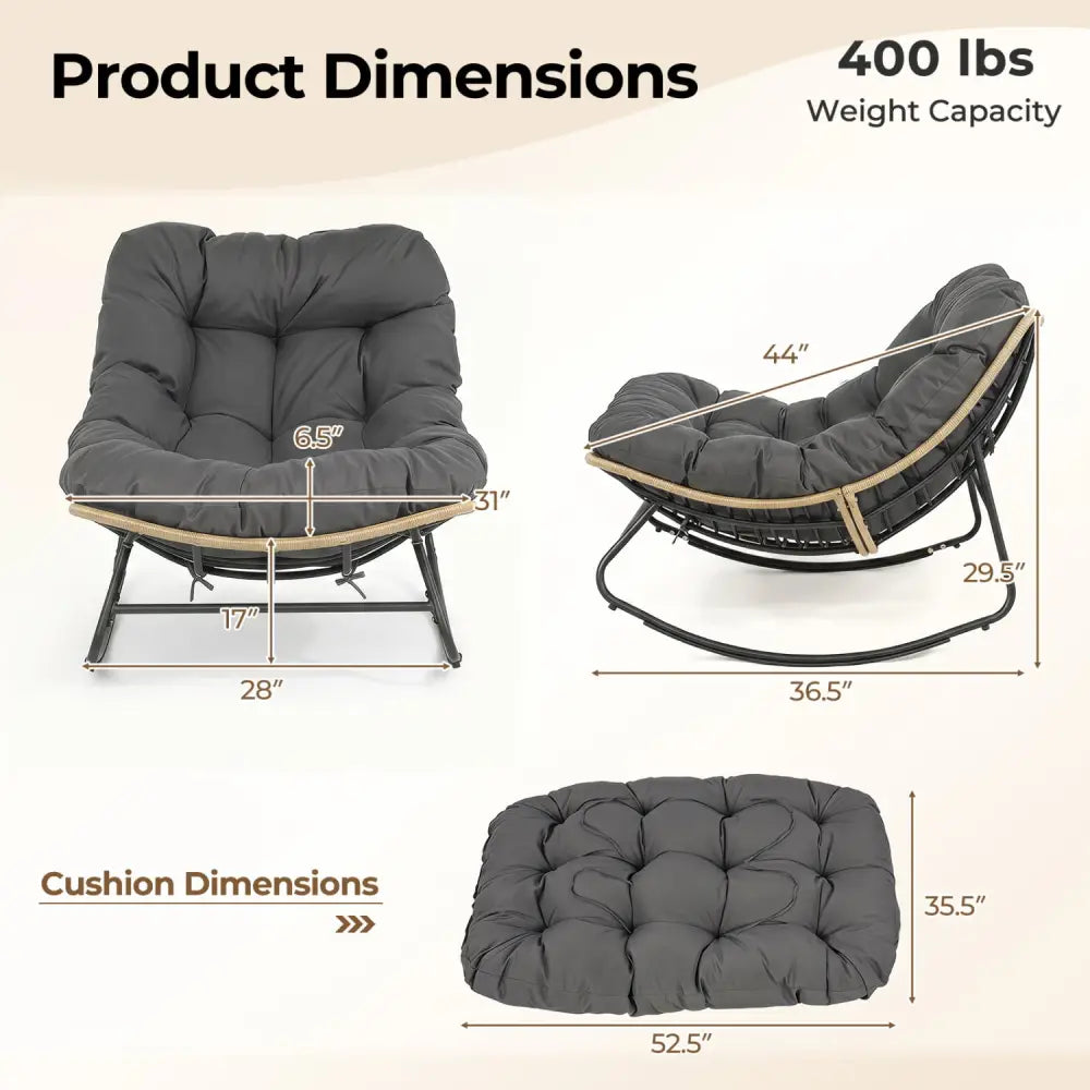 Outdoor Papasan Rocking Chair with Thick Cushioned Seat for Patio-Gray - Gray - Patio Rocking Chairs & Gliders