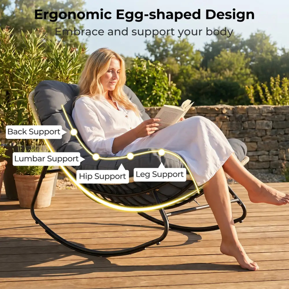 Outdoor Papasan Rocking Chair with Thick Cushioned Seat for Patio-Gray - Gray - Patio Rocking Chairs & Gliders