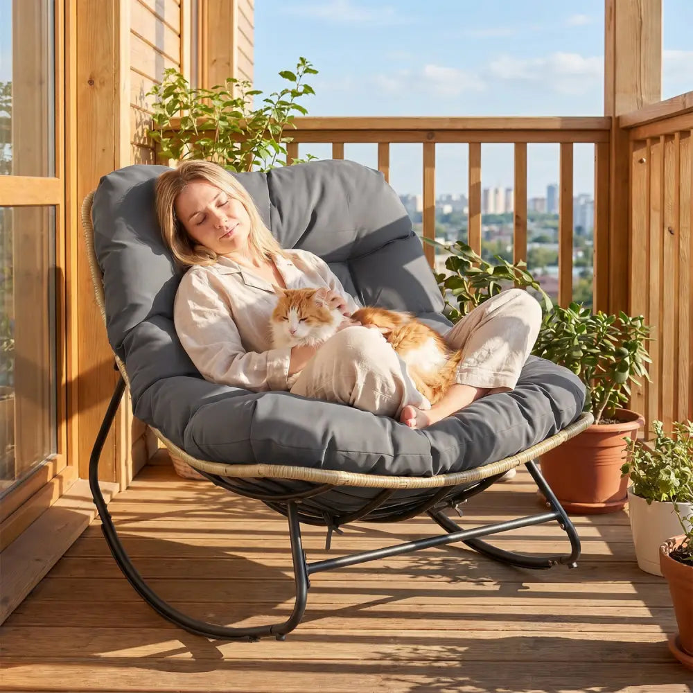 Outdoor Papasan Rocking Chair with Thick Cushioned Seat for Patio-Gray - Gray - Patio Rocking Chairs & Gliders