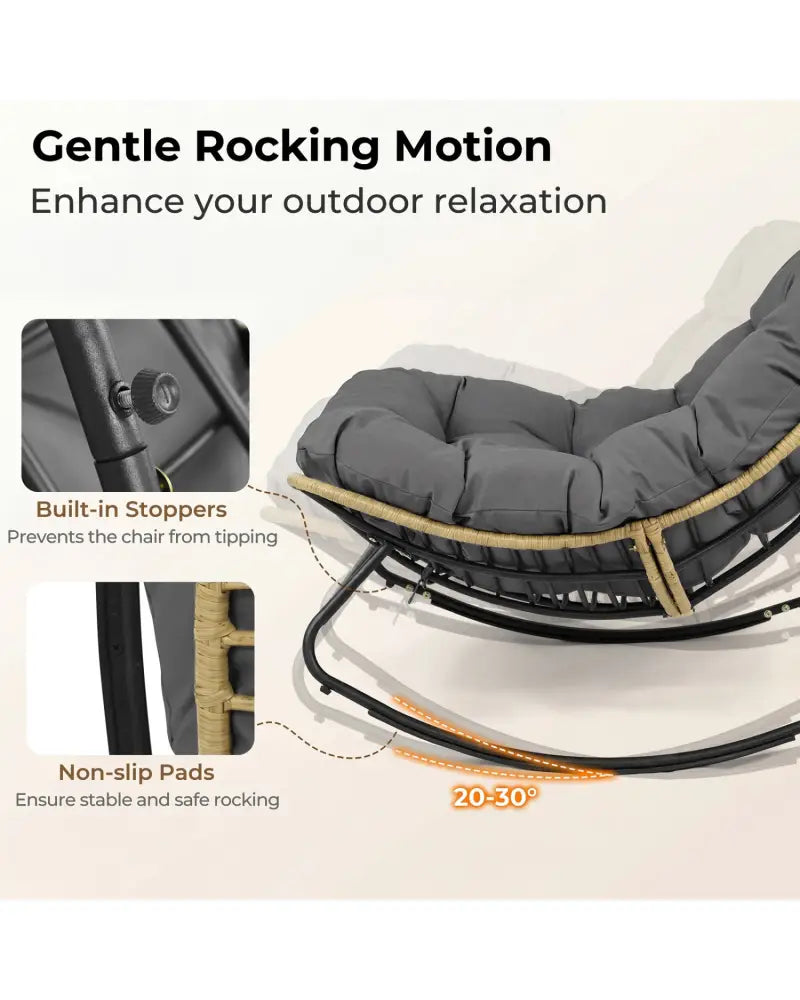 Outdoor Papasan Rocking Chair with Thick Cushioned Seat for Patio-Gray - Gray - Patio Rocking Chairs & Gliders