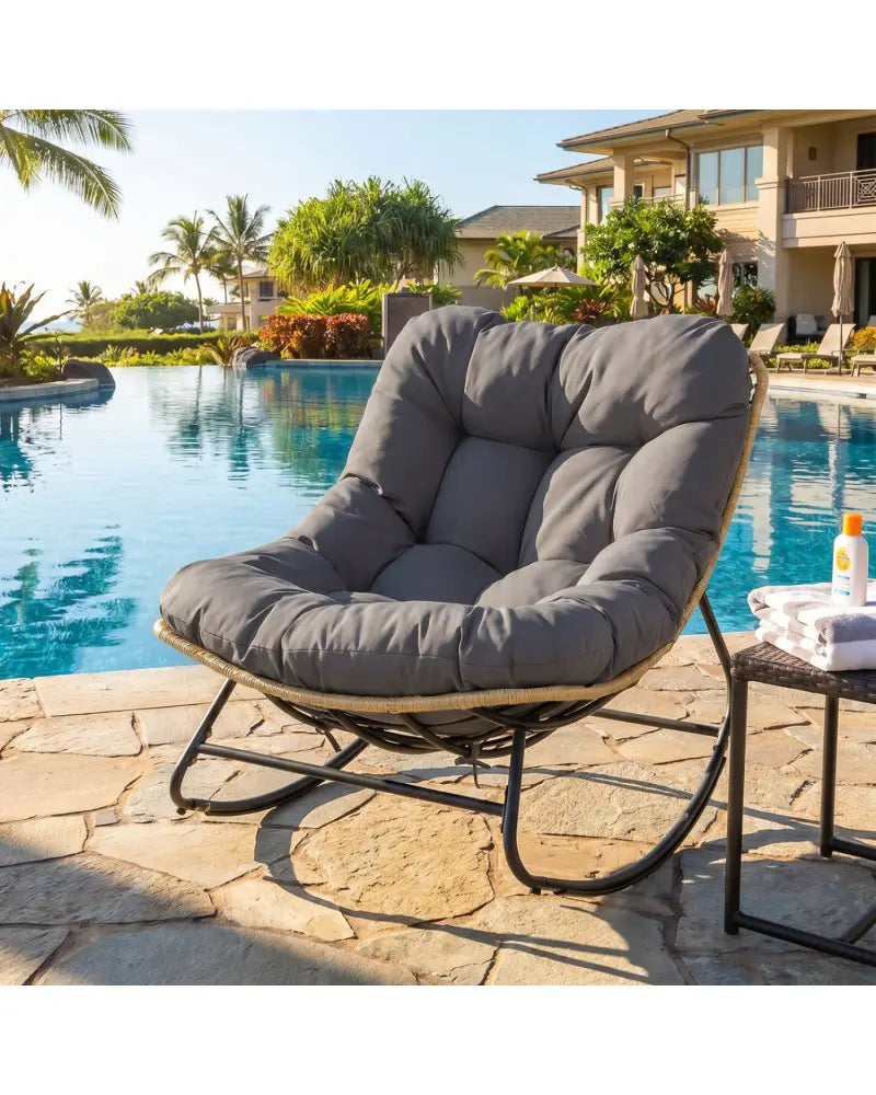 Outdoor Papasan Rocking Chair with Thick Cushioned Seat for Patio-Gray - Gray - Patio Rocking Chairs & Gliders
