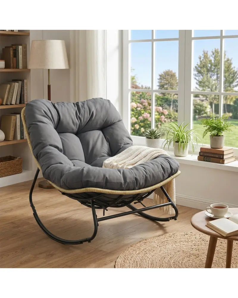 Outdoor Papasan Rocking Chair with Thick Cushioned Seat for Patio-Gray - Gray - Patio Rocking Chairs & Gliders