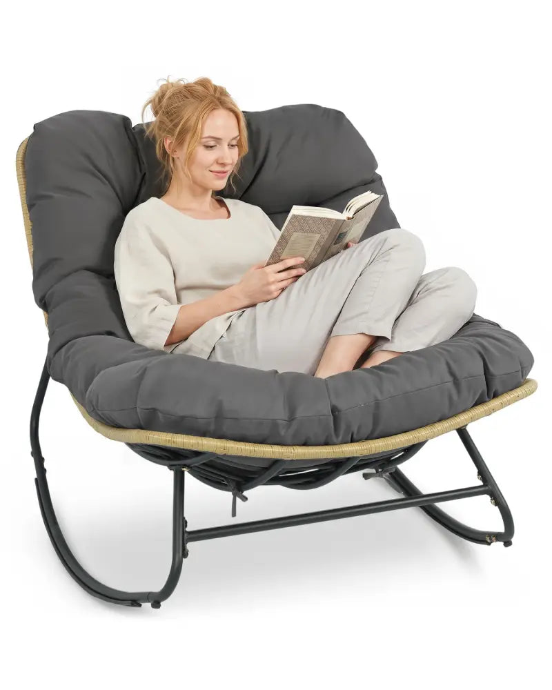 Outdoor Papasan Rocking Chair with Thick Cushioned Seat for Patio-Gray - Gray - Patio Rocking Chairs & Gliders