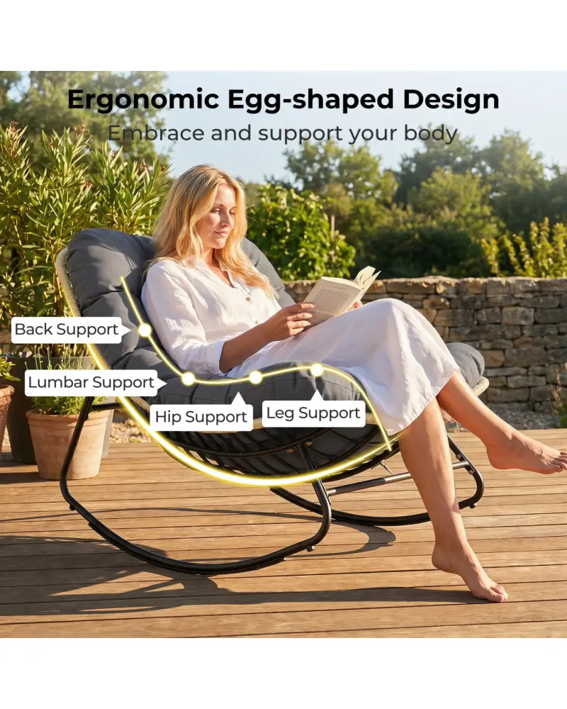 Outdoor Papasan Rocking Chair with Thick Cushioned Seat for Patio-Gray - Gray - Patio Rocking Chairs & Gliders