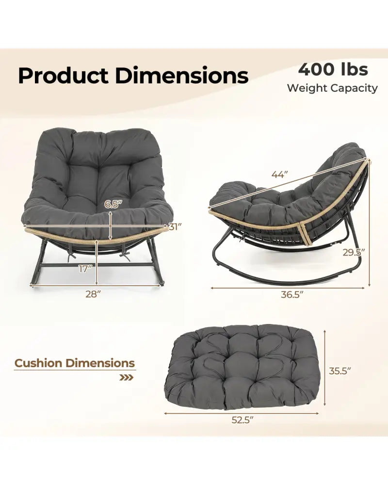 Outdoor Papasan Rocking Chair with Thick Cushioned Seat for Patio-Gray - Gray - Patio Rocking Chairs & Gliders