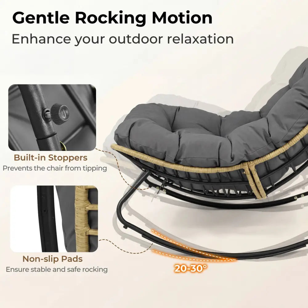 Outdoor Papasan Rocking Chair with Thick Cushioned Seat for Patio-Gray - Gray - Patio Rocking Chairs & Gliders