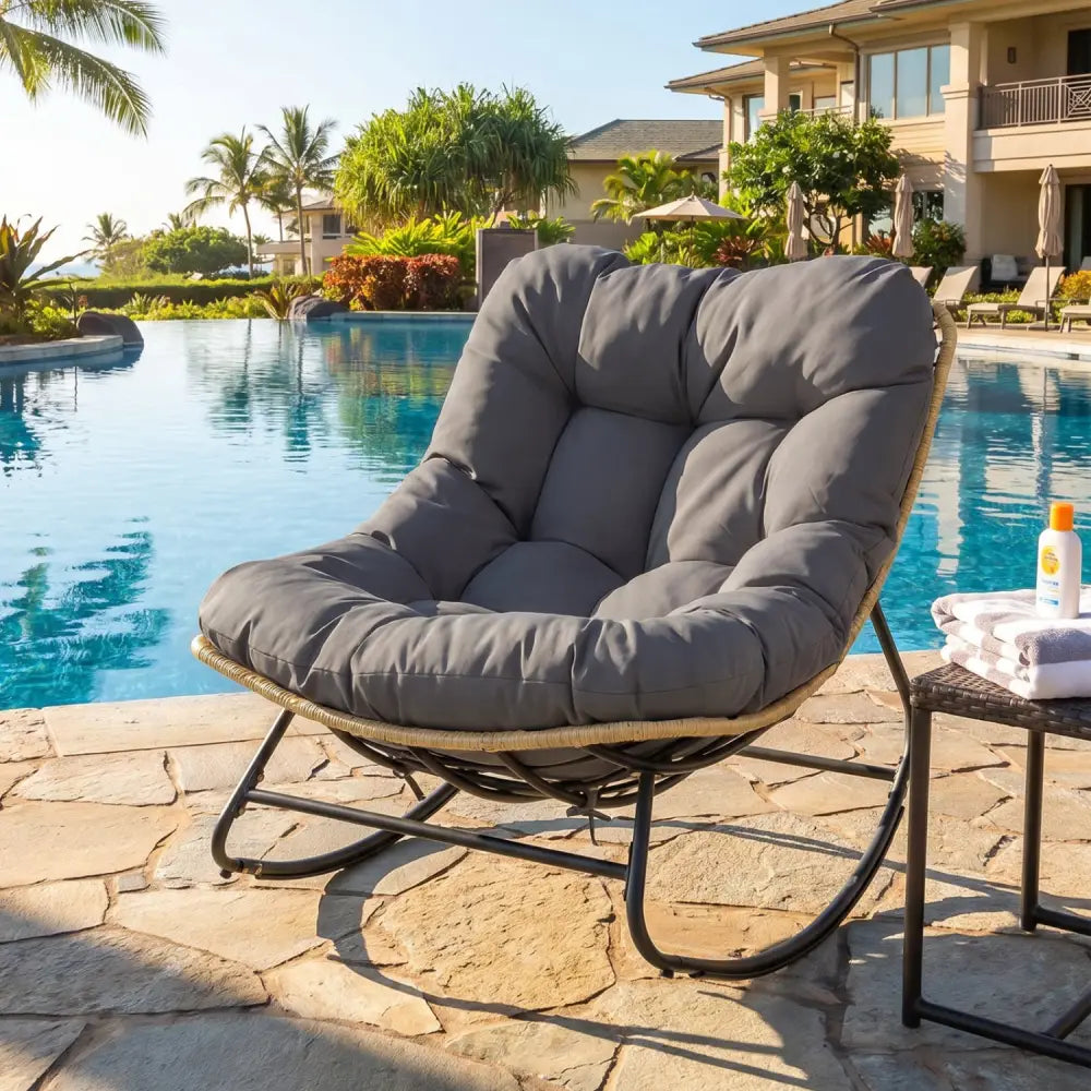 Outdoor Papasan Rocking Chair with Thick Cushioned Seat for Patio-Gray - Gray - Patio Rocking Chairs & Gliders