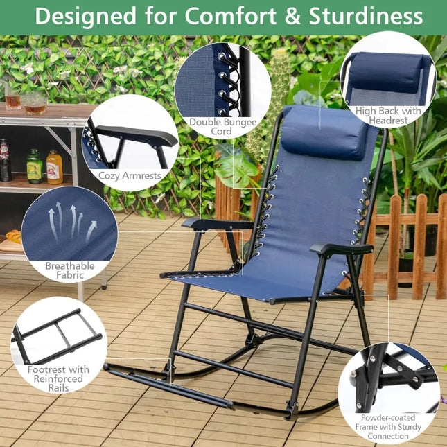 Outdoor Patio Camping Lightweight Folding Rocking Chair with Footrest -Blue - Blue - Patio Rocking Chairs & Gliders