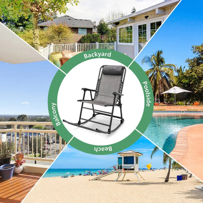 Outdoor Patio Camping Lightweight Folding Rocking Chair with Footrest -Gray - Gray - Patio Rocking Chairs & Gliders