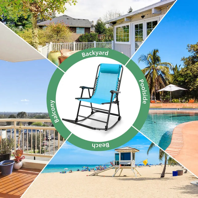 Outdoor Patio Camping Lightweight Folding Rocking Chair with Footrest -Navy - Navy - Patio Rocking Chairs & Gliders
